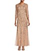 Color:Blush - Image 1 - Beaded Illusion Crew Neck 3/4 Sleeve Long Gown
