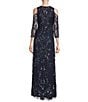 Color:Navy - Image 2 - Beaded Sequin Crew Neck Cold Shoulder 3/4 Sleeve Gown