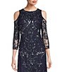 Color:Navy - Image 3 - Beaded Sequin Crew Neck Cold Shoulder 3/4 Sleeve Gown