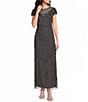 Pisarro Nights Cap Sleeve Beaded Illusion Neck Long Dress - Image 1