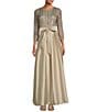 Color:Silver/Champagne - Image 1 - Mesh Sequin Boat Neck 3/4 Sleeve Tie Front Gown