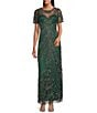 Pisarro Nights Mesh Short Sleeve Beaded Sheath Gown, Color:Basil - Image 1