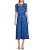 Color:Blue - Image 1 - Petite Size 3D Floral Beaded Short Sleeve Illusion Crew Neck Dress