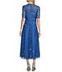 Color:Blue - Image 2 - Petite Size 3D Floral Beaded Short Sleeve Illusion Crew Neck Dress