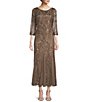 Color:Mocha - Image 1 - Petite Size Boat Neck 3/4 Sleeve Beaded Mesh Gown