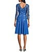 Pisarro Nights Petite Size V-Neck 3/4 Sleeve Beaded Mesh Floral Embroidered Midi Dress, Color:Blue Jay - Image 2