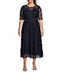Pisarro Nights Plus Size 3D Floral Beaded 3/4 Sleeve Illusion Crew Neck Dress, Color:Navy - Image 1
