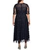 Pisarro Nights Plus Size 3D Floral Beaded 3/4 Sleeve Illusion Crew Neck Dress, Color:Navy - Image 2