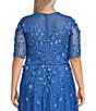 Color:Blue - Image 4 - Plus Size 3D Floral Beaded 3/4 Sleeve Illusion Crew Neck Dress