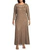 Pisarro Nights Plus Size 3/4 Sleeve Mesh Beaded Gown With Godets, Color:Mocha - Image 1