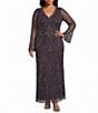 Pisarro Nights Plus Size Allover Beaded Mesh Long Bell Sleeve Dress - Image 1
