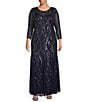 Pisarro Nights Plus Size Beaded Mesh 3/4 Sleeve A-Line Gown, Color:Navy - Image 1