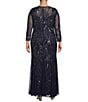 Pisarro Nights Plus Size Beaded Mesh 3/4 Sleeve A-Line Gown, Color:Navy - Image 2