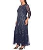 Pisarro Nights Plus Size Beaded Mesh 3/4 Sleeve A-Line Gown, Color:Navy - Image 6