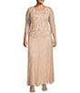Color:Blush/Silver - Image 1 - Plus Size Scoop Neck 3/4 Sleeve Beaded Dress