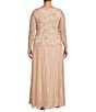 Color:Blush/Silver - Image 2 - Plus Size Scoop Neck 3/4 Sleeve Beaded Dress