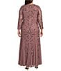 Pisarro Nights Plus Size Beaded Sequin Boat Neck Illusion 3/4 Sleeve Gown - Image 2
