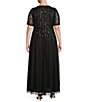 Color:Black - Image 2 - Plus Size Illusion Short Sleeve Round Neck Beaded Gown