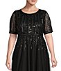 Color:Black - Image 3 - Plus Size Illusion Short Sleeve Round Neck Beaded Gown