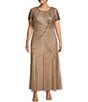 Color:Beige - Image 1 - Plus Size Short Sleeve Boat Neck Geometric Beaded Gown