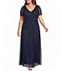 Pisarro Nights Plus Size V-Neck Short Sleeve Beaded Sheath Gown - Image 1