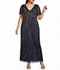 Pisarro Nights Plus Size V Neck Short Sleeve Beaded Gown - Image 1