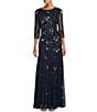 Color:Navy - Image 1 - Rayon Mesh Boat Neck 3/4 Illusion Sleeve Beaded A-Line Dress