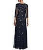 Color:Navy - Image 2 - Rayon Mesh Boat Neck 3/4 Illusion Sleeve Beaded A-Line Dress