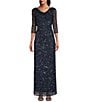 Color:Navy - Image 1 - Sequin 3/4 Sleeve Cowl Neck Gown