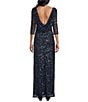 Color:Navy - Image 2 - Sequin 3/4 Sleeve Cowl Neck Gown