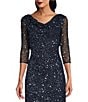 Color:Navy - Image 3 - Sequin 3/4 Sleeve Cowl Neck Gown
