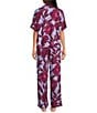 Color:Periwinkle - Image 2 - Botanical Print Short Sleeve Notch Collar Woven Sateen Pajama Set