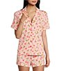 Color:Pink Dream - Image 1 - Cherry Print Short Sleeve Notch Collar Shorty Jersey Knit Coordinating Pajama Set