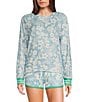 Color:Ocean Blue - Image 1 - Peachy Knit Ocean Breeze Floral Long Sleeve Round Neck Coordinating Sleep Top