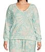 Color:Seafoam - Image 1 - Plus Size Long Sleeve V-Neck Peachy Knit Floral Print Coordinating Sleep Top
