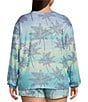 Color:Aqua - Image 2 - Plus Size Peachy Knit Palm Ombre Print Long Sleeve Crew Neck Coordinating Sleep Top