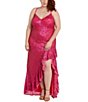 Color:Fuchsia - Image 1 - Plus Glitter V-Neck Ruffle Hem Slit Gown