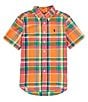 Color:Orange/Pink Multi - Image 1 - Big Boys 8-20 Short Sleeve Cotton Madras Stripe Shirt