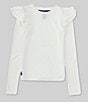 Color:Deckwash White/Navy - Image 1 - Big Girls 7-16 Long Sleeve Ruffled Shoulder T-Shirt