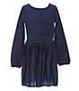 Color:Newport Navy - Image 1 - Big Girls 7-16 Long-Sleeve Plaid-Trim Pleated Jersey Fit-And-Flare Dress