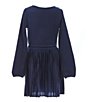 Color:Newport Navy - Image 2 - Big Girls 7-16 Long-Sleeve Plaid-Trim Pleated Jersey Fit-And-Flare Dress