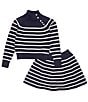 Color:RL Navy/Clubhouse Cream - Image 2 - Big Girls 7-16 Long-Sleeve Solid/Striped Nautical-Inspired Sweater & Striped Skirt Set