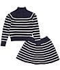 Color:RL Navy/Clubhouse Cream - Image 3 - Big Girls 7-16 Long-Sleeve Solid/Striped Nautical-Inspired Sweater & Striped Skirt Set