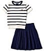 Color:Deckwash White/Newport Navy - Image 1 - Big Girls 7-16 Puffed-Sleeve Striped Mini-Cable-Knit Sweater & Solid Skirt Set
