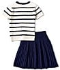 Color:Deckwash White/Newport Navy - Image 2 - Big Girls 7-16 Puffed-Sleeve Striped Mini-Cable-Knit Sweater & Solid Skirt Set