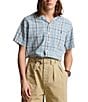 Color:Indigo Multi - Image 1 - Classic Fit Plaid Linen-Blend Short Sleeve Woven Camp Shirt