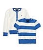 Color:New England Blue/Deckwash White - Image 1 - Little Girls 2T-6X Long-Sleeve Grosgrain-Trimmed Cardigan & Striped Sweater Set