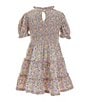 Color:Beneda Floral Pink/Vista Blue - Image 2 - Little Girls 2T-6X Short Sleeve Floral Smocked Jersey Dress