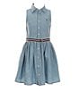 Color:Medium Wash - Image 1 - Little Girls 2T-6X Sleeveless Belted Chambray Shirt Dress