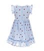 Color:Blue - Image 2 - Little Girls 2-7 Flutter Sleeve Striped/Strawberry Printed Fit & Flare Dress